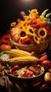 A whimsical and heartwarming Thanksgiving scene, with a cornucopia overflowing with food