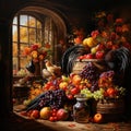 A whimsical and heartwarming Thanksgiving scene, with a cornucopia overflowing with food