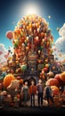 A whimsical and heartwarming Thanksgiving scene, with a cornucopia overflowing with food