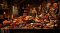 A whimsical and heartwarming Thanksgiving scene, with a cornucopia overflowing with food