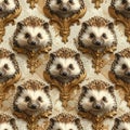 Whimsical Hedgehog Portrait Pattern with Ornate Gold Frames Royalty Free Stock Photo