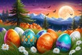 Whimsical Holiday Crossover: Illustrated Easter with Richly Colored Eggs Nested in Spring Grass, Hallmark of Celebration