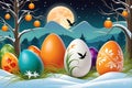 Whimsical Holiday Crossover: Illustrated Easter with Richly Colored Eggs Nested in Spring Grass, Hallmark of Celebration