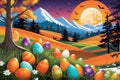 Whimsical Holiday Crossover: Illustrated Easter with Richly Colored Eggs Nested in Spring Grass, Hallmark of Celebration