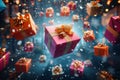 Whimsical holiday scene Colorful Christmas gift boxes descend from above