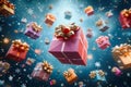 Whimsical holiday scene Colorful Christmas gift boxes descend from above