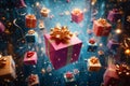 Whimsical holiday scene Colorful Christmas gift boxes descend from above