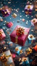 Whimsical holiday scene Colorful Christmas gift boxes descend from above