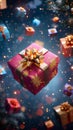 Whimsical holiday scene Colorful Christmas gift boxes descend from above