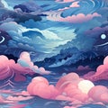 Whimsical and hyper-detailed illustrations of clouds in sky (tiled)