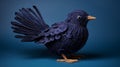 Whimsical Hyper-realistic Sculpture: Intricate Black Bird On Blue Surface