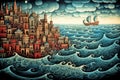 Whimsical illustartion with town and sailboat. Dramatic seascape painting in retro style, cover art. Generative AI
