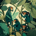 Whimsical illustrated group of monkeys in tropical jungle (generative AI)