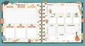 A whimsical, illustrated planner features two pages filled with cartoon characters and Royalty Free Stock Photo