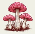 Whimsical Illustrated Scene of Vibrant Red Fly Agaric Mushrooms in a Magical Forest. Generative AI