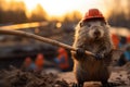 Cute Cartoon Beaver in Hard Hat at Construction Site, AI Generated