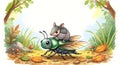 Whimsical illustration of an armadillo riding a bug through an enchanted forest with autumn leaves Royalty Free Stock Photo