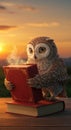 The Ancient Scholar Owl Closing the Dusty Tome in Golden Sunset Light Royalty Free Stock Photo