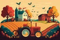 Whimsical illustration of a cheerful farm with happy farmers harvesting colorful crops with vintage tractors Royalty Free Stock Photo