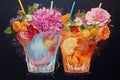 Whimsical illustration with cocktails in glasses with flowers and fruits on a dark background. Generative AI