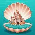 A whimsical illustration of a detailed castle nested inside an open seashell. The Royalty Free Stock Photo