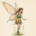 A whimsical illustration of a fairy with large, translucent wings. She has long,