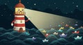 A whimsical illustration featuring an anthropomorphic lighthouse with red and white Royalty Free Stock Photo