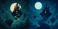 Fantasy Floating Castle in Night Sky with Moon and Clouds Royalty Free Stock Photo