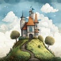 Whimsical illustration of a house on a hill Royalty Free Stock Photo