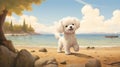 Whimsical Illustration Of A Majestic Bichon Frise Puppy On Manitoba\'s Shores