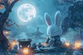 A whimsical illustration of the moon rabbit crafting the Elixir of Life amidst glowing lanterns and a full moon Royalty Free Stock Photo