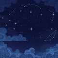 Whimsical illustration of a night sky featuring stylized, swirling clouds at the bottom and Royalty Free Stock Photo