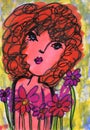 Red Head Lady with Hot Pink Daisies Whimsical Illustration