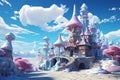 A whimsical illustration portraying a charming blue cottage nestled in the enchanting Candyland, Generative Ai