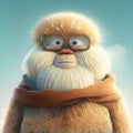 A whimsical illustration of Professor Whiskerbeard, a wise and pensive snow ape with thick glasses and a cozy scarf