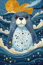 Adorable Seal Pup in Ocean Waves Under the Moon Royalty Free Stock Photo