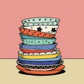 A whimsical illustration of a stack of bowls against a pink background. The bowls are Royalty Free Stock Photo