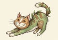 Whimsical illustration of a stretching cat with botanical elements Royalty Free Stock Photo