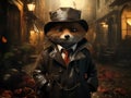 Whimsical illustration of a suave fox dressed in a detective\'s outfit, complete with a trench coat and fedora, holding a