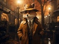 Whimsical illustration of a suave fox dressed in a detective\'s outfit, complete with a trench coat and fedora, holding a Royalty Free Stock Photo