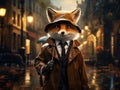 Whimsical illustration of a suave fox dressed in a detective\'s outfit, complete with a trench coat and fedora, holding a Royalty Free Stock Photo