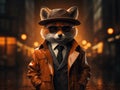 Whimsical illustration of a suave fox dressed in a detective\'s outfit, complete with a trench coat and fedora, holding a Royalty Free Stock Photo