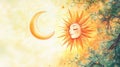 Serene Watercolor Painting of Sun and Moon with Blooming Branches Royalty Free Stock Photo