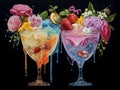 Whimsical illustration of two colourful cocktails with fruits and flowers, isolated on black background. Generative AI