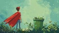 Child in red cape standing by a trash can in a whimsical, illustrated style. nature and adventure-themed digital art for Royalty Free Stock Photo