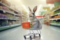 Cute Bunny in Shopping Cart at Grocery Store, AI Generated