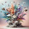 A whimsical image of a clock exploding with a colorful cloud of dust and objects.