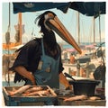 Seagull Fishmonger at Work - Artistic Illustration