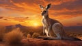 A tender moment with a kangaroo and her joey against a stunning sunset in the Australian Outback Royalty Free Stock Photo