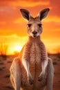 A tender moment with a kangaroo and her joey against a stunning sunset in the Australian Outback Royalty Free Stock Photo